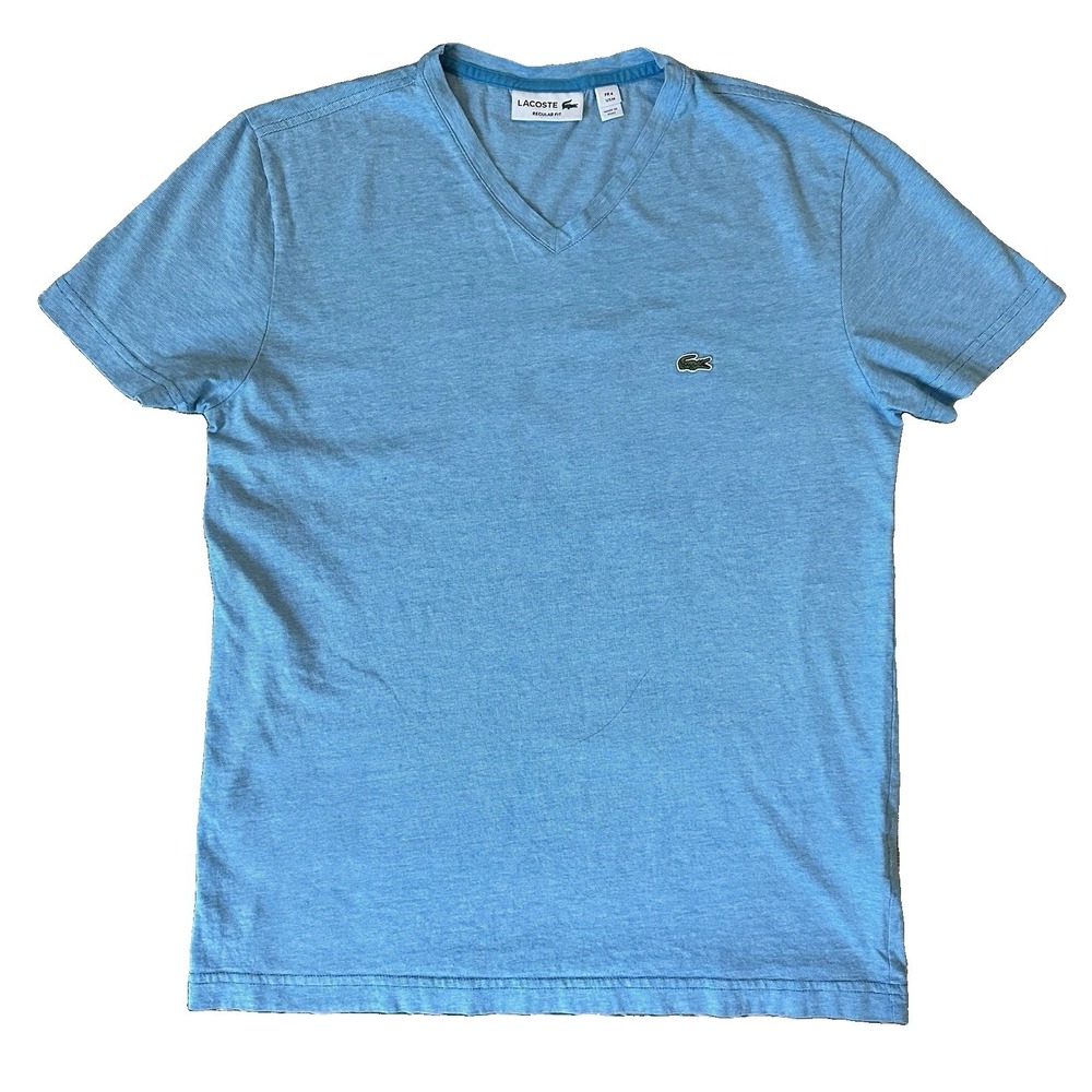 LACOSTE T-Shirt Regular Fit Mens Medium V-Neck Cotton Blue Short Sleeve Preppy